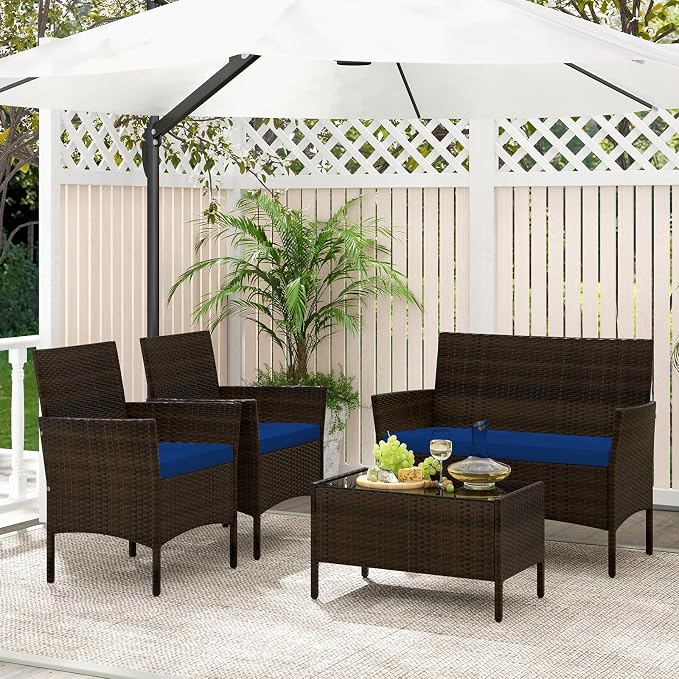 4 Piece Patio Furniture Set, Sectional Conversation Sofa Set with Glass Coffee Table, Cushions & Loveseat, Wicker Outdoor Table and Chairs for Pool, Garden, Deck, Backyard (1, Navy)