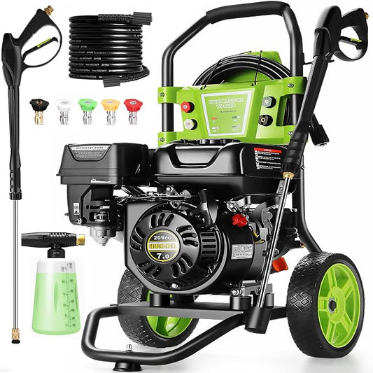Professional 4200PSI 4GPM 209CC Gas Pressure Washer, 7.0HP Heavy-Duty 3600RPM Commercial Gas Power Washer with 750ML Foam Bottle 8" Wheels 5 Nozzles 25FT Hose (EPA/CARB/ETL Compliant), Green