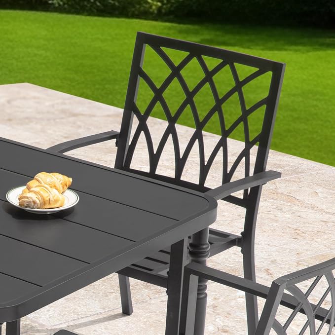 NUU GARDEN 5-Piece Metal Dining Set, 4 Stackable Wide Seat Chairs with 37" Square Table Umbrella Hole, All-Weather Patio Furniture for Backyard Balcony Poolside Lawn Garden,Black