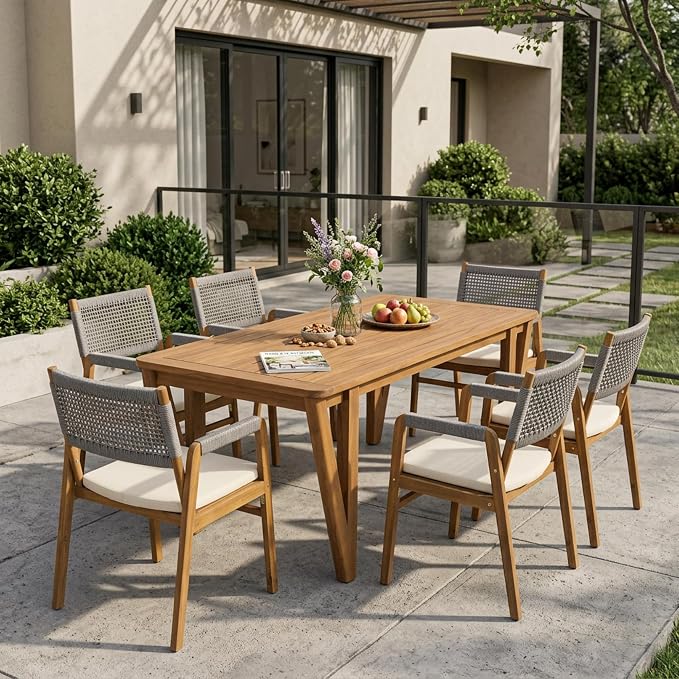 Christopher Knight Home Terri Acacia Wood Patio Dining Set for 6, Solid Wood Outdoor Dining Table Set for 6, 7 Piece Outdoor Dining Set with Rectangular Table and Woven Rope Accents, Teak+Beige+Grey