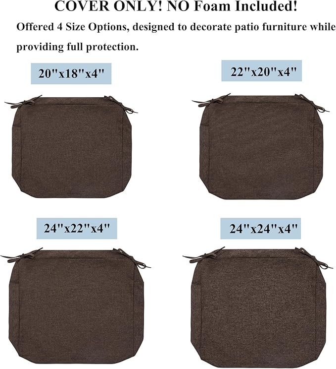 FUNHOME 2 Pack Outdoor Cushion Covers 24" x 22" x 4", No Insert! Water-Resistant Patio Chair Seat Cushion Covers with Zipper and Tie, Replacement Cover Only(Brown)