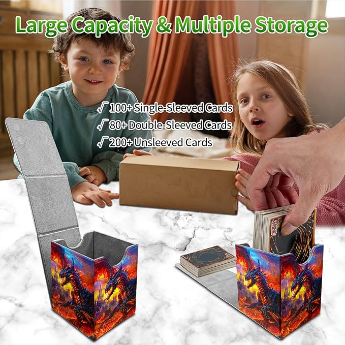 Deck Box for MTG, Cards Storage Box Fits 120+ Sleeved, Leather Medium Size Strong Magnetic Closing Card Case for Board Games Magic TCG CCG Baseball Collection, Castle Flaming Dragon