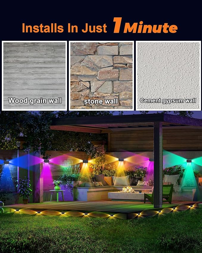8Pack 3Side Color Changing Solar Powered Fence Lights Outdoor Decorative LED Waterproof Yard Lamps for Outside Wall, Deck, House Patio, Rail, Stair, Yard, Pool, 7 Colorful Modes, 1-Min Installation