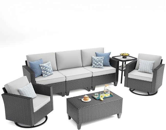 UDPATIO Patio Furniture Set, 5 Pieces Outdoor Conversation Sets with Rocking Swivel Chairs, Wicker Rattan Outdoor Sofa Set with Storage Table and Waterproof Covers for Backyard, Deck, Light Grey