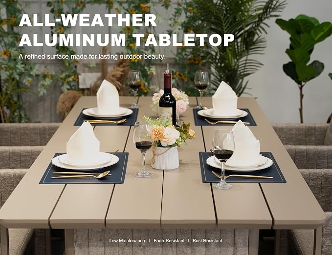 PURPLE LEAF 130-Inch Aluminum Patio Dining Set for Luxury Homeowners, 9-Piece Outdoor Furniture Rectangular Table and Chairs Set with Olefin Cushions and Pillows for Backyard Poolside Hosting Beige