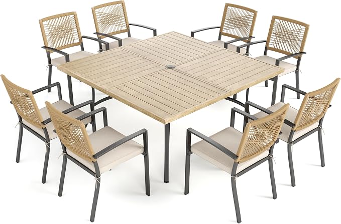 PHI VILLA 9pc Patio Dining Set, 57" Square Table, Wicker Chairs | Outdoor Dining Set for 8, Square Wood-like Patio Dining Table Set with Patio Wicker Chairs for Garden, Porch, Deck