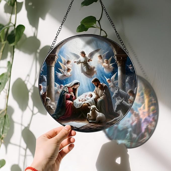 Stained Glass Window Hanging, LAOWEIKI 8'' Nativity Scene Suncatcher, Stained Glass Ornament, Nativity Scene Window Decor, Outdoor or Indoor, Christian Gifts, Religious Gifts for Women