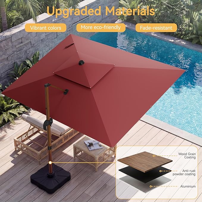 10x13 FT Wood Pattern Patio Umbrella with Base, Large Deluxe Cantilever Rectangular Double Top Heavy Duty Offset Umbrellas with 360° Rotation, Outdoor shade for Garden Pool Patio, Red