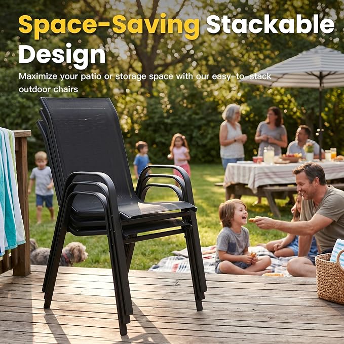 VICLLAX Patio Dining Set for 4, All Weather Metal 5 Pieces Patio Set-40.6" Round Outdoor Table and Stackable Chairs for Lawn Garden and Backyard, Black Tabletop