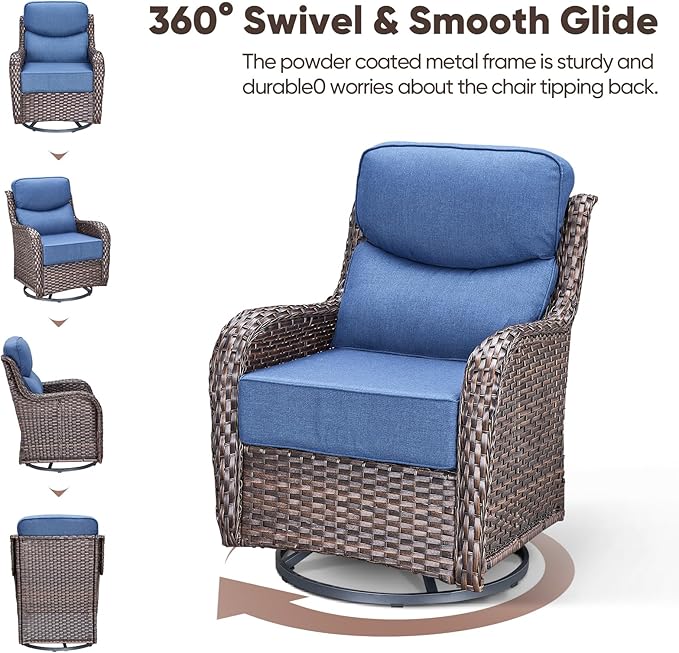 Swivel Patio Chairs sofa Set of 8 with 6" Thick Cushion - Wicker Outdoor Swivel Rocker Patio Chair ,Sofa/Glass coffee table, High Back Comfortable Outdoor Glider Chairs - Brown Wicker - Blue Cushions