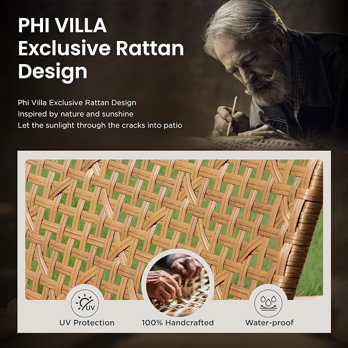 PHI VILLA Patio Wicker Furniture Set for 4, Brown Rattan Loveseat & Chairs with Red Cushions & Acacia Wood Coffee Table, Outdoor Modern Conversation Sofa Set for Deck, Yard, Porch