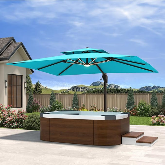 10' X 13' Cantilever Patio Umbrella with Led Lights Double Top Rectangular Outdoor Large Offset Umbrellas with 7 Tilts Adjustable 360°Rotation for Deck Pool Garden Backyard, Turquoise