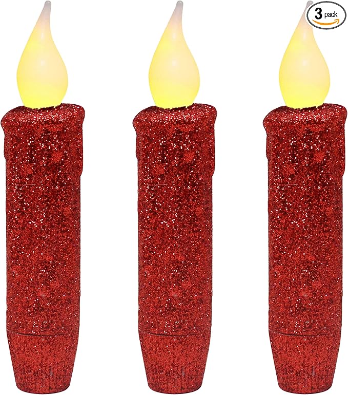 CVHOMEDECO. Glitter Flameless Candles Flickering Battery Operated LED Taper Candles with Timer for Home, Wedding, Halloween, Christmas Decor. Red, 4-3/4 Inch, Set of 3