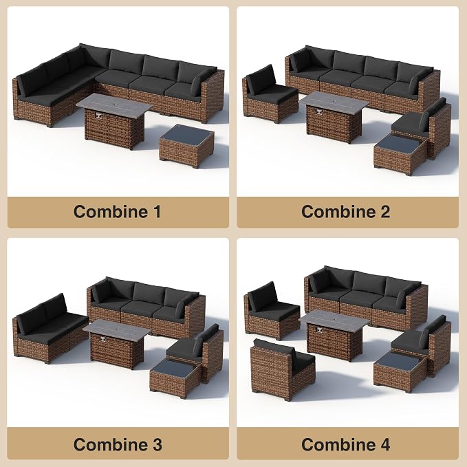 Qsun 8 Pieces Outdoor Patio Furniture Set with 44.9" Fire Pit Table, All-Weather Wicker Outdoor Patio Sectional Set with Coffee Table, for Backyard Poolside Garden Porch, Black