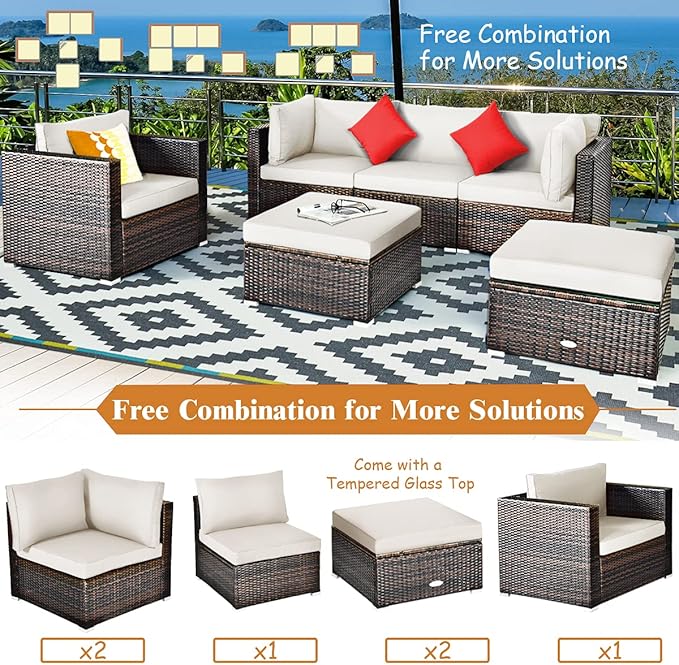 Tangkula 6 Pieces Wicker Patio Furniture Set, PE Rattan Outdoor Sectional Conversation Set with Glass Coffee Table & Ottoman, Wicker Sofa Set with Cushions for Yard Garden, Deck, Porch (White)