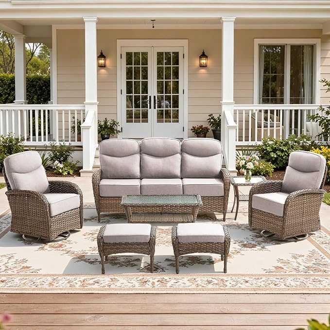 7-Piece Luxury Patio Furniture Set with 6-Inch Thick Cushions, High-Back Outdoor Sofa & Swivel Rocking Chairs w/Wicker Coffee Table, All-Weather Conversation Set for Porch, Deck, Yard – Beige