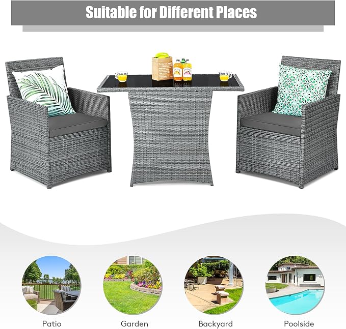 RELAX4LIFE 3-Piece Outdoor Furniture Set - All-Weather Wicker Rattan Patio Dining Set w/Tempered Glass Coffee Table & Cushions, Modern Bistro Conversation Set for Yard Balcony (Gray)