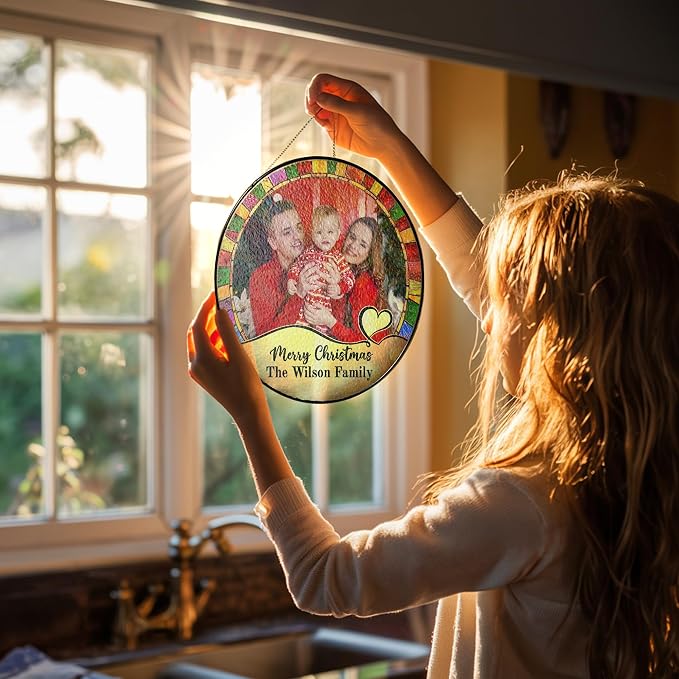 Personalized Stained Glass Christmas Suncatcher – Custom Family Photo Window Decor – First from Mom and Dad – Merry Christmas Family Ornament Keepsake