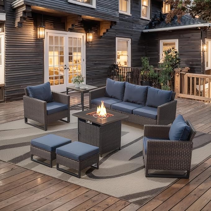 Belord 7 Pieces Patio Furniture Set with 50000BTU Propane Fire Pit Table: Wicker Patio Conversation Set with Outdoor Club Chairs Patio Couch Metal Side Table, All Weather Brown Rattan