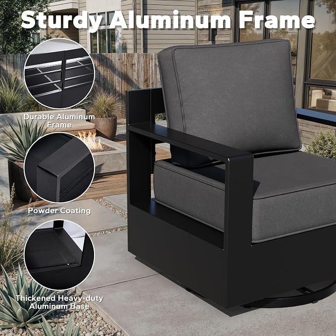 Outdoor Aluminum Furniture Set, 5-Piece Patio Conversation Set, 4 Swivel Chairs, 1 Sofa and 1 Fireplace, All-Weather Metal Frame, 6" Thick Removable Cushions, Deep Setting for Garden, Porch