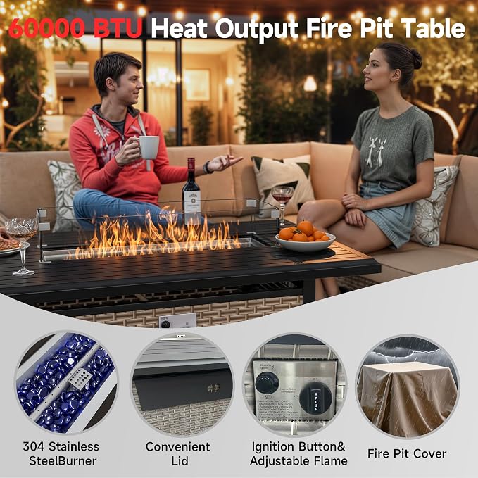 10 Pieces Patio Furniture Set with Fire Pit Table, Outdoor Sectional Wicker Sofa with Thick Cushions, High Back Swivel Rocker Patio Chairs, Rattan Conversation Set with Coffee Table, Navy