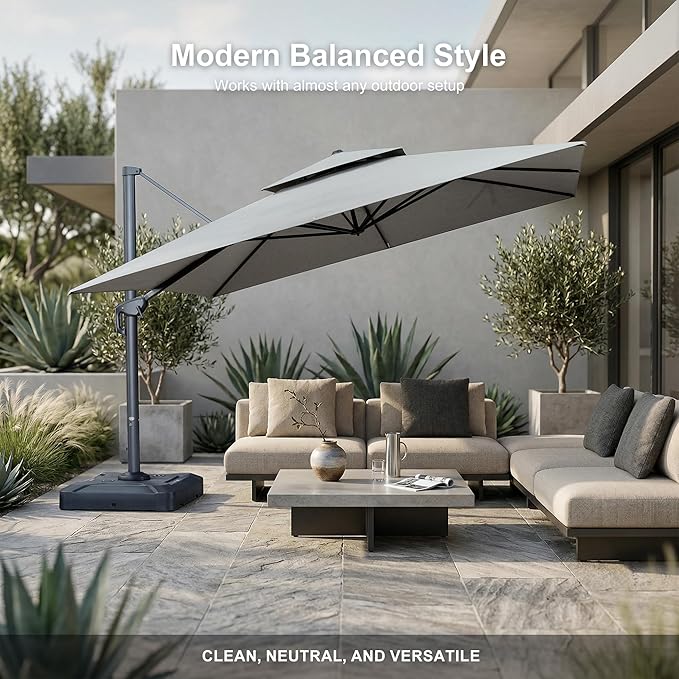 PURPLE LEAF 9' x 12' Cantilever Patio Umbrella Outdoor Umbrella with 280lbs Base Rectangular Large Windproof Offset Umbrella for Garden Pool Backyard, Pebble Grey