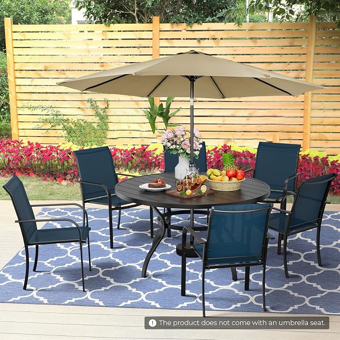 Incbruce 8 PCS Patio Dining Set with Brown Umbrella, Outdoor Dining Set of 6 Textilene Chairs and 53" Round Table with Umbrella Hole for Backyard, Garden, and Poolside (Blue)