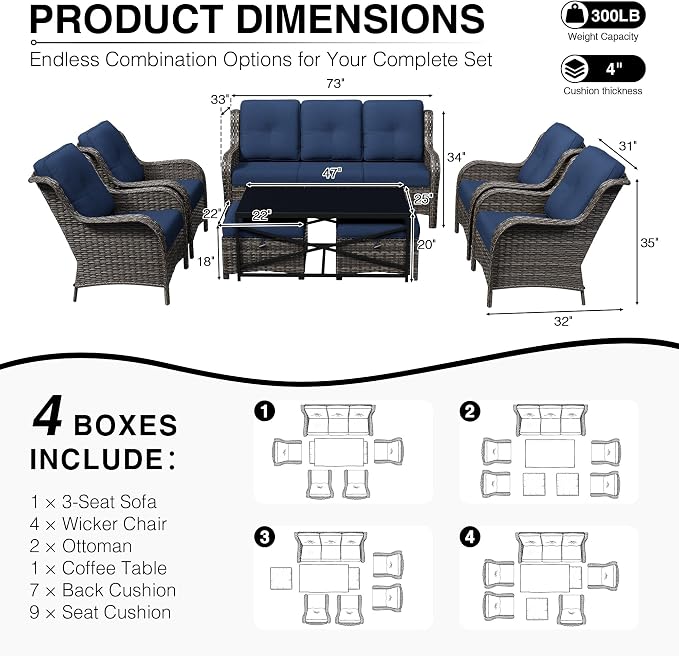 Joyside 8 Piece Wicker Patio Furniture Set, Rattan Patio Chairs with High Back, Deep Seating, Wide Armrest, Thickened Cushions, Outdoor Furniture for Deck, Porch Use