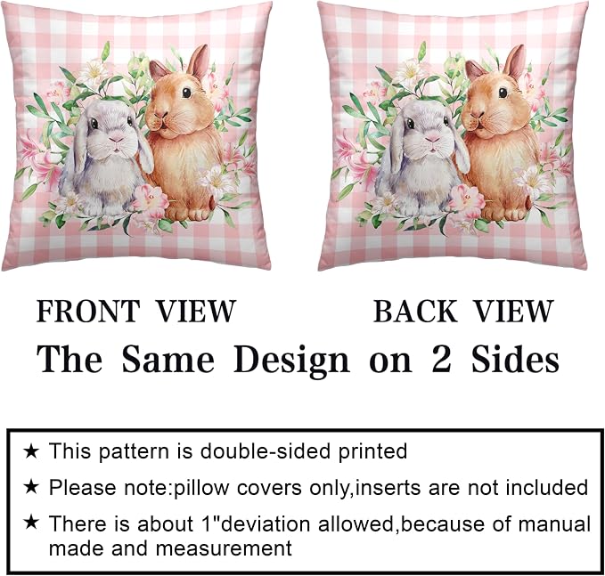 Spring Easter Pillow Covers 18x18 Pack of 2 Lovely Rabbit with Lily Flower Throw Pillow Covers Pink Plaid Bunny Pillow Case for Spring Easter Decoration Sofa Patio Garden