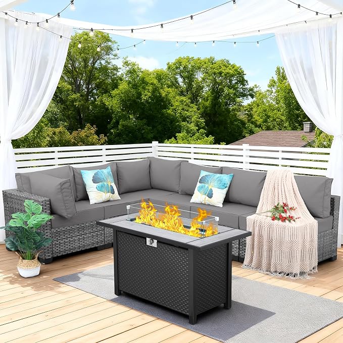 Lviden 7 Pieces Wicker Patio Furniture Set Rattan Outdoor Sectional Conversation Sofa Set with Fire Pit Table Non-Slip Cushions and Furniture Cover, Light Grey