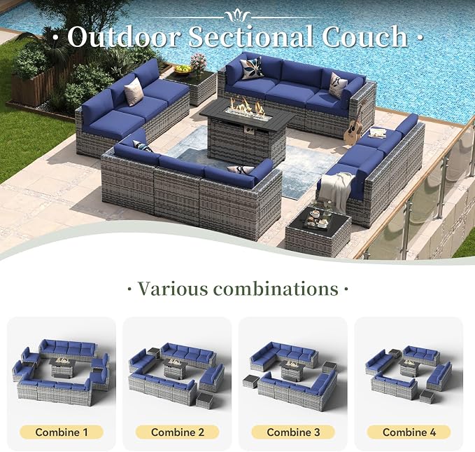 Aoxun 15 Piece Patio Furniture Set with 44” Fire Pit Table Wicker Rattan Outdoor Sectional Sofa Set with Coffee Table and Thickened Cushions, Grey/Blue