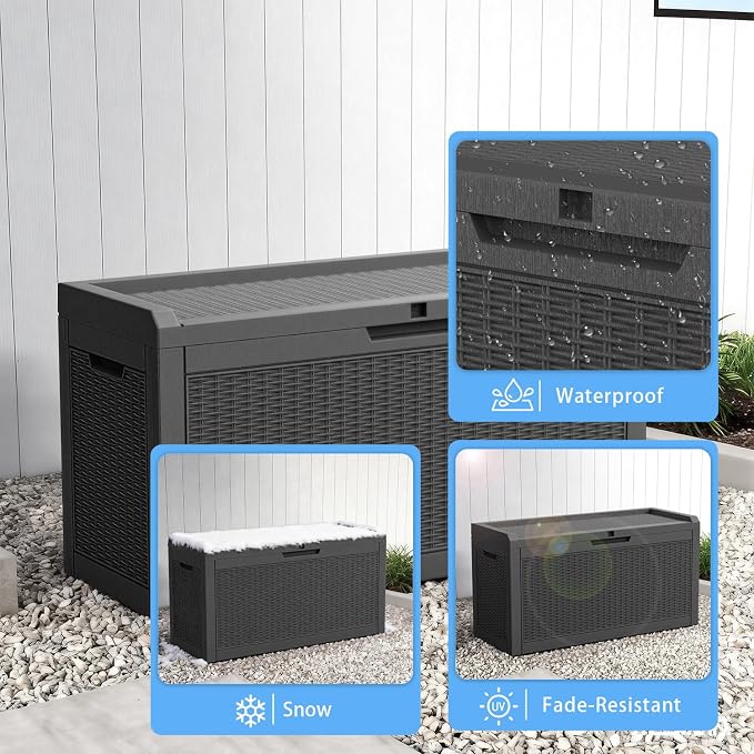 AmaVins Outdoor Storage Box, 60 Gallon Deck Box Indoor and Outdoor Use, Waterproof Resin Storage Bin for Package Delivery, Patio Cushions, Gardening Tools, Lockable, UV Resistant, Black