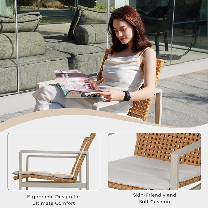 Grand patio 4-Piece Outdoor Furniture Set, Wicker Small Patio Set with Beige Seat Cushions, Outdoor Conversation Furniture with Coffee Table for Poolside, Backyard, Balcony, Porch