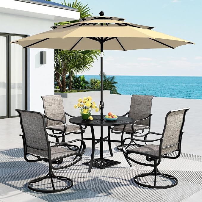 MFSTUDIO Patio Dining Set for 4, Outdoor Furniture Set with Beige Umbrella (Base not Included), 42" Round Table and 4 Swivel Chairs for Patio, Deck, Backyard, Garden
