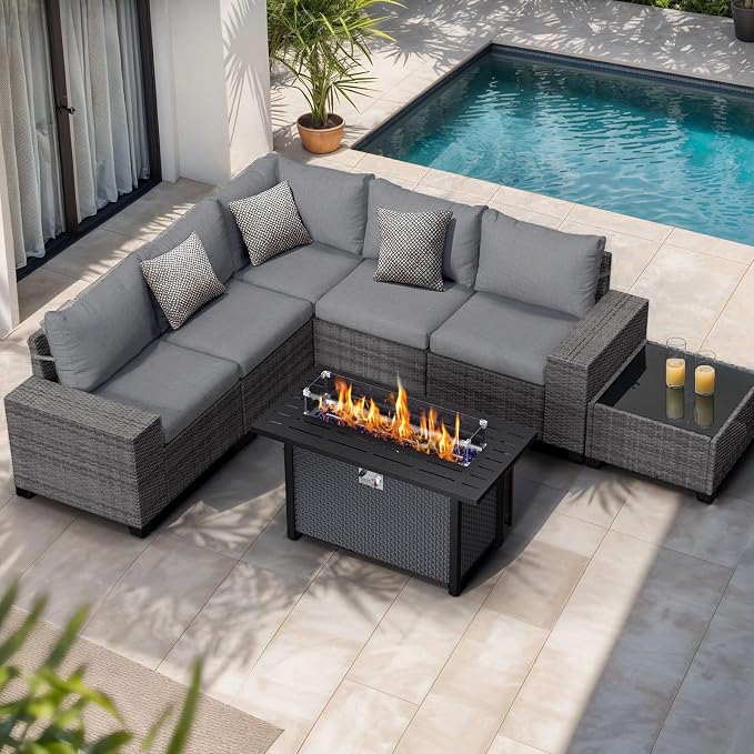 JOIVI 7 Pieces Outdoor Patio Furniture Set with 45” Fire Pit Table, Rattan Patio Sectional Sofa Conversation Set with 50000BTU Propane Fire Pit and Coffee Table for Garden, Backyard, Deck, Gray