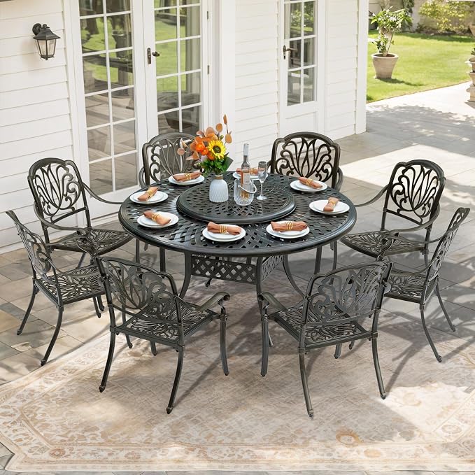 9-Piece Patio Furniture Dining Set, All Weather Cast Aluminum Outdoor Conversation Set- 61" Round Patio Dining Table with Detachable Lazy Susan & 8 Chairs, Umbrella Hole, Dark Bronze