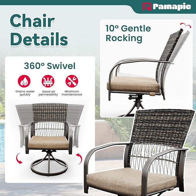 Pamapic 7-Piece Outdoor Dining Set with Table, Patio Furniture Includes 2 Swivel Chairs, 4 Wicker Chairs & Beige Removable Cushions, Weather Resistant Iron Frame for Backyard, Deck, Garden (Beige)