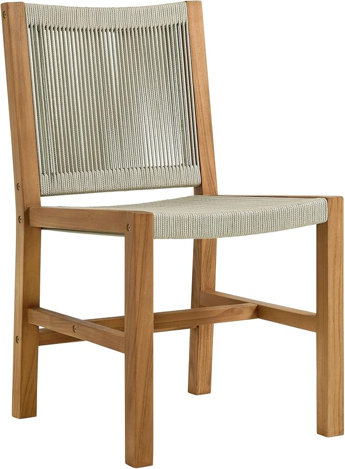 Modway Vienna Outdoor Patio Teak Wood 3-Piece Dining Set in Natural Natural – Weather-Resistant Square Dining Table with Woven Rope Armless Chairs – Bistro Set for 2 – Chair Patio Set with Table