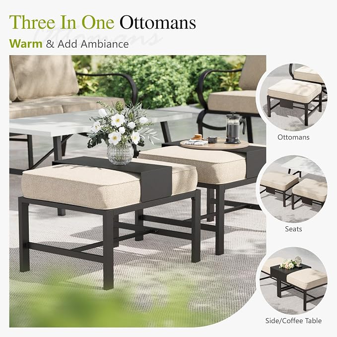 Sophia & William Patio Furniture Sets 5 Seats Outdoor Metal Conversation Sets 5 Pcs with 2 x Cushioned Swivel Sofa Chairs,1 x 3-Seat Sofa,2 x Ottomans for Coffee Lawn Backyard Poolside Beige