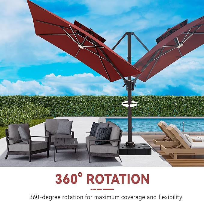 10x13 FT Cantilever Patio Umbrella with Base and Led Lights Double Top Outdoor Rectangular Large Heavy Duty Aluminum Offset Umbrellas with 7 Level Tilt 360-degree Rotation for Pool Garden Deck, Wine Red