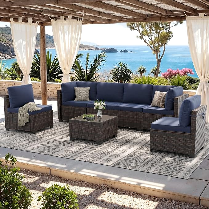 Soohow 7-Piece Patio Furniture Set, Outdoor Conversation Set, Thickened All-Weather Rattan Sectional Sofa with Tempered Glass Table for Garden, Porch, Backyard - Navy Cushions