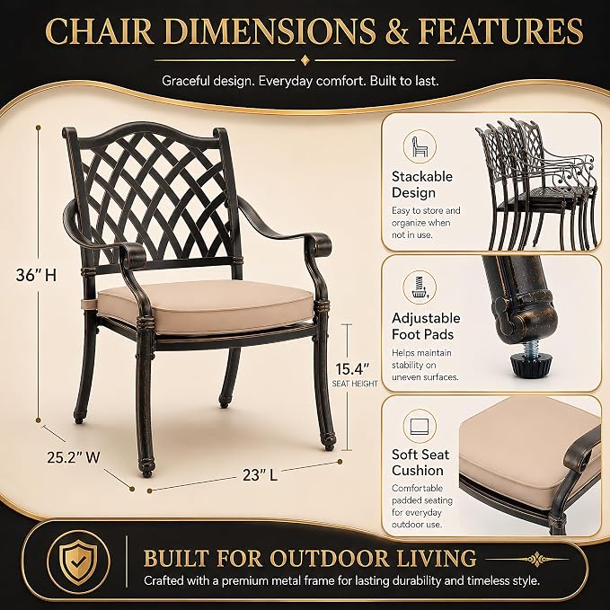 7 Piece Outdoor Dining Set Cast Aluminum Retro Patio Dining Set for 6 Includes 59” Rectangular Table 2 Swivel Chairs with Thicker Cushions and Umbrella Hole for Patio Deck Garden