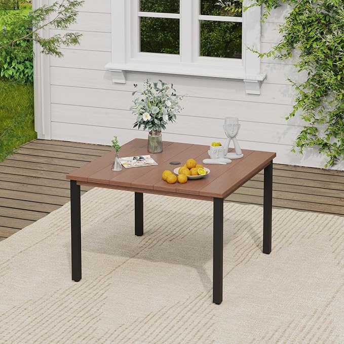 VICLLAX Patio Dining Set, 40.2" Walnut Table & 4 Chairs with Wheat Cushion | Outdoor Table and Chairs Set of Square Metal Patio Table, Outdoor Dining Chairs with Metal Frame, Garden Deck Porch