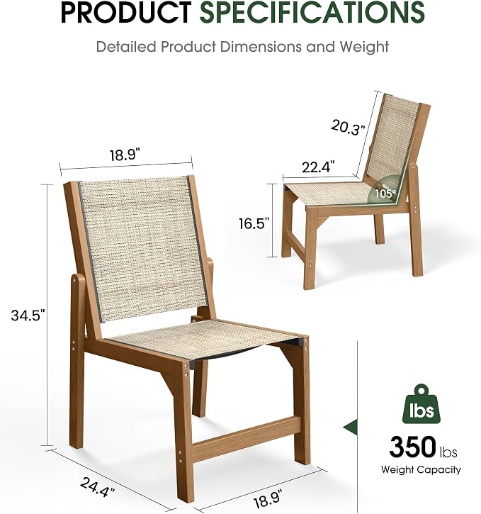SUUNYN Patio Stackable Chairs Set of 2, HDPE Armless Outdoor Dining Chairs with Wide Seat, All-Weather Textilene Oversized Porch Chair for Garden, Poolside, Backyard, Deck | Teak