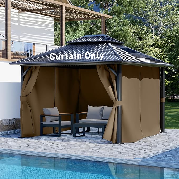 Aoodor 10x10 ft Outdoor Gazebo Curtains, 4 Panels Waterproof Privacy Sidewall Replacement with Zipper for Patio Pergola and Canopy, Light Coffee