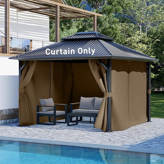 Aoodor 10x10 ft Outdoor Gazebo Curtains, 4 Panels Waterproof Privacy Sidewall Replacement with Zipper for Patio Pergola and Canopy, Light Coffee