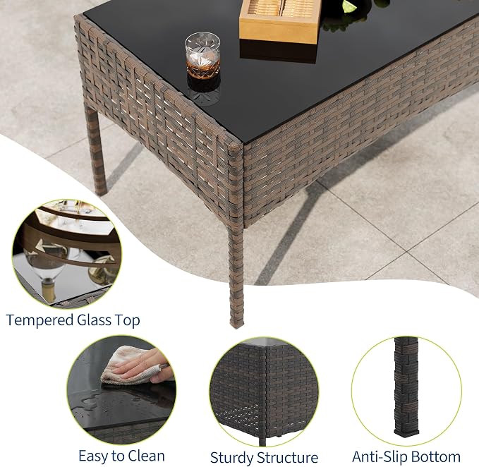 4 Piece Patio Furniture Set, Outdoor Deck Rattan Chair Wicker Combo Furniture, All Weather Dialogue Rattan Sofa with Upholstery and Glass Table for Garden, Backyard, Porch, Lawn, Pool, Brown+White