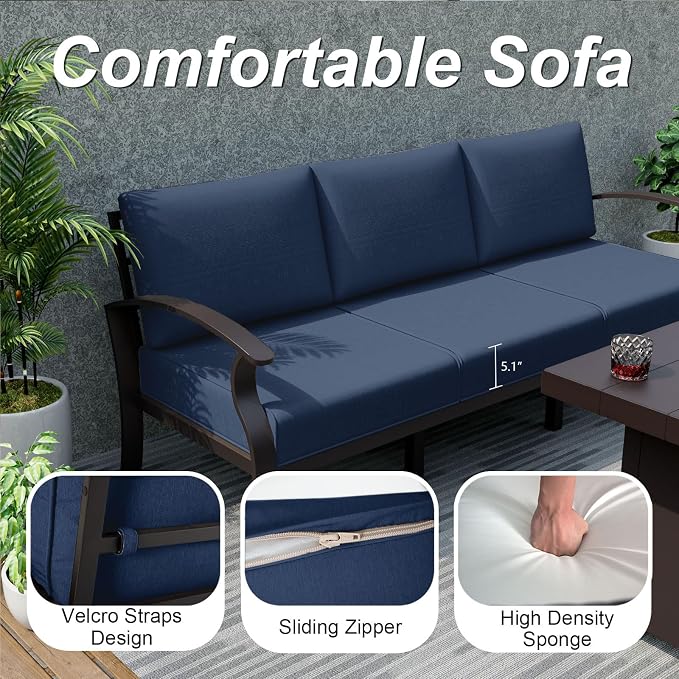 ALAULM Aluminum Patio Furniture Set with Round Coffee Tables, 5-seat Outdoor Sectional Furniture w/5.1" Cushions, Patio Conversation Set for Porch, Backyard, Poolside-Dark Blue