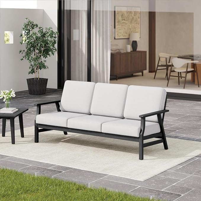 3 Pieces Patio Furniture Sets, Black Wood Outdoor Sectional Furniture with Coffee Table, 5 Seats Patio Sofa Couch Conversation Set for Backyard Deck - Beige