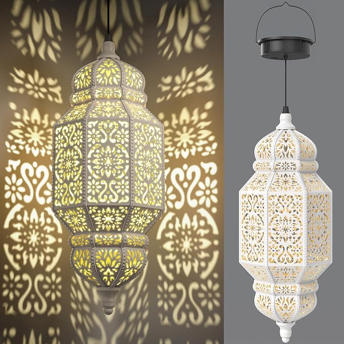 18 Inch High Large Hanging Solar Lights Outdoor Garden Decor, Decorative Waterproof Plastic Moroccan Solar Lantern Lamp, Outside Decorations for Patio Yard Porch Decor, Gardening Gifts for Women Mom